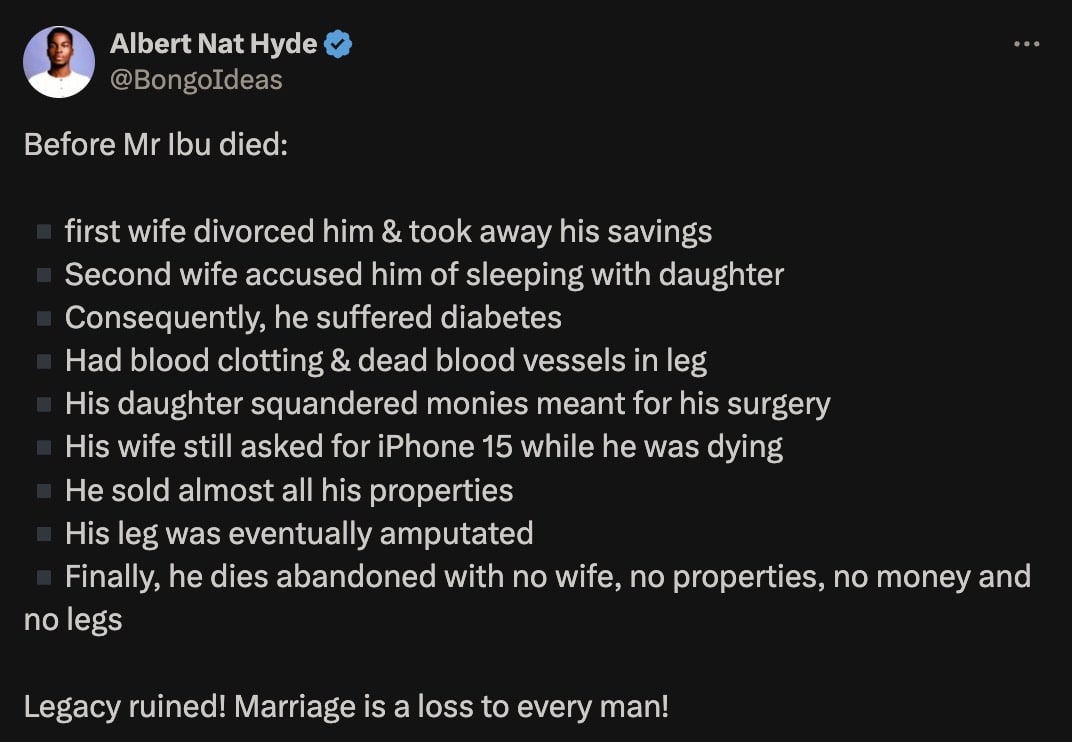 "Marriage is a loss to every man" — Influencer reflects on demise of Mr Ibu